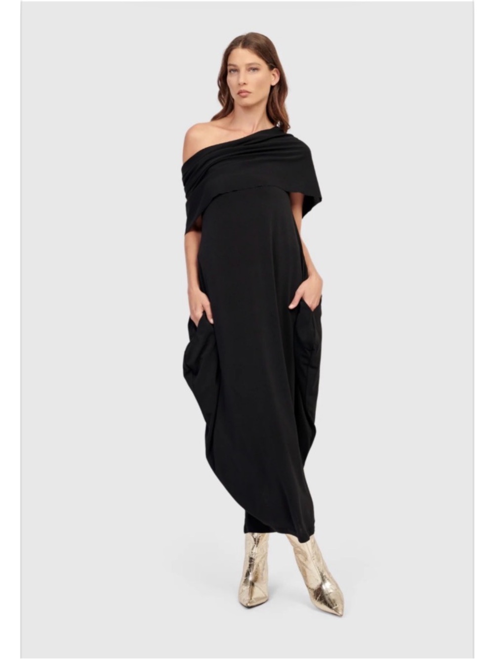 Alembika Savoir Maxi Dress Black Off Shoulder Draped Bubble Hem Artsy Sz 2